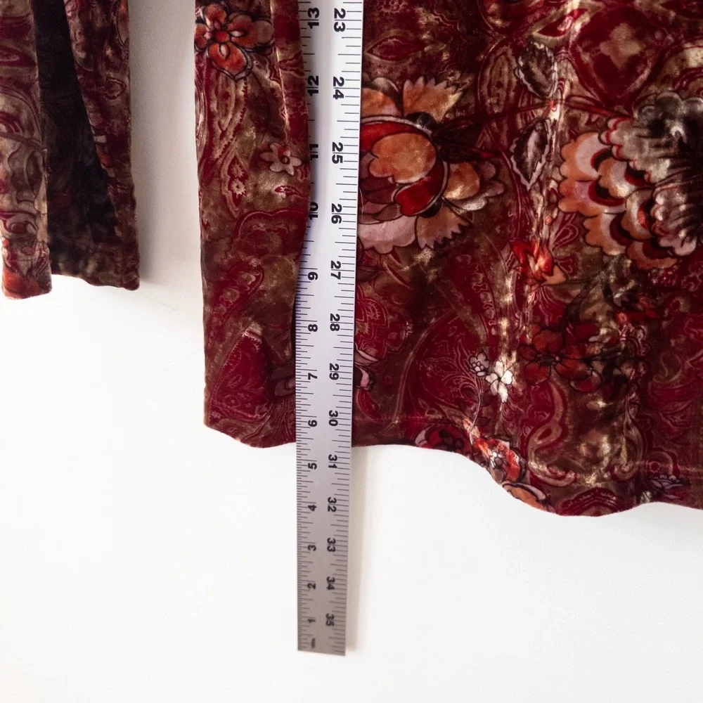 Vintage 90s Velvet Floral Top Womens L Dark Red Gold Paisley Witchy Romantic - Picture 11 of 11